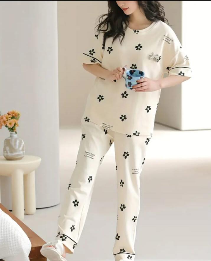 Off White Black All Over Flowers PJ Set For Her