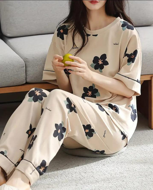 Brown BIG Black all over flowers Print Half Sleeves Printed Night Suit