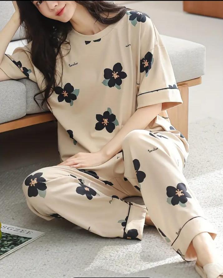 Brown BIG Black all over flowers Print Half Sleeves Printed Night Suit