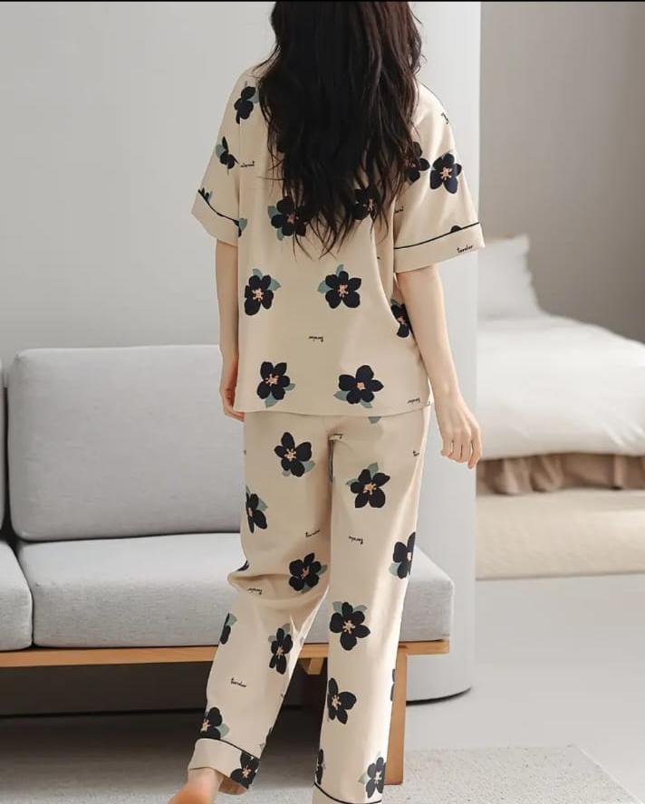 Brown BIG Black all over flowers Print Half Sleeves Printed Night Suit