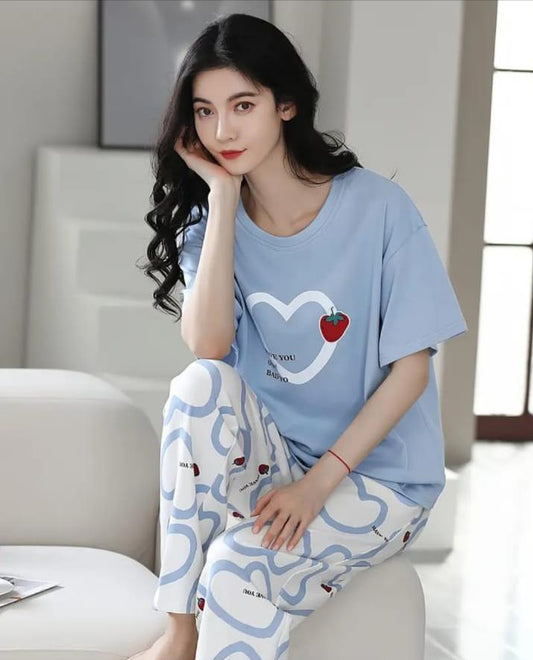 Sky blue Strawberry heart Print Half Sleeves Printed Night Suit
