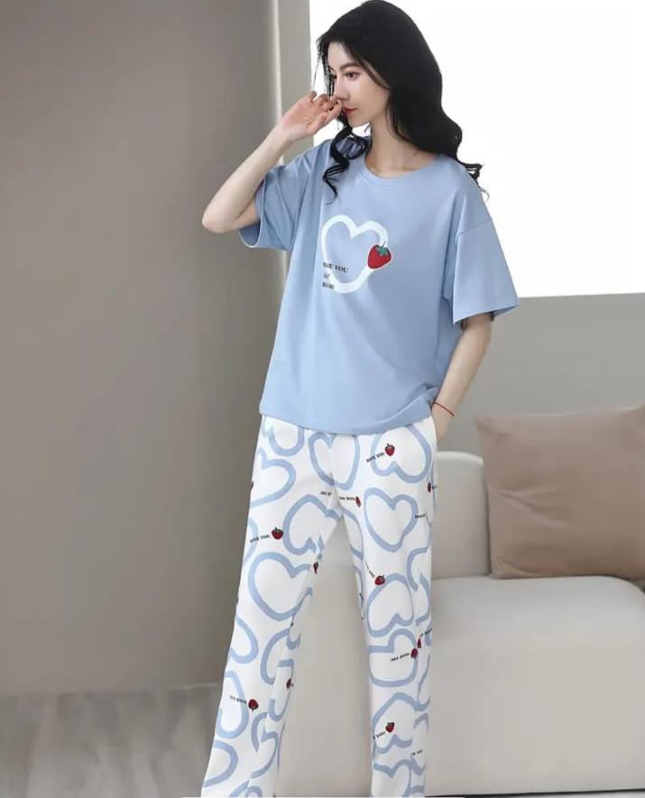 Sky blue Strawberry heart Print Half Sleeves Printed Night Suit