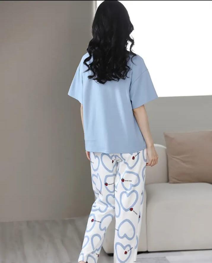 Sky blue Strawberry heart Print Half Sleeves Printed Night Suit