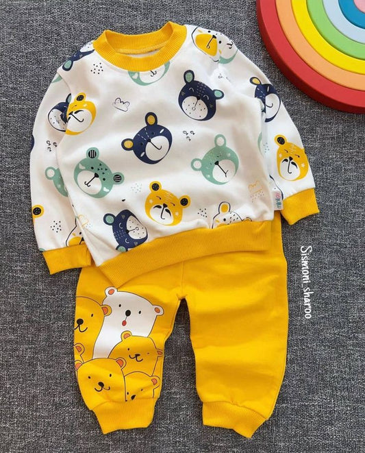 white Cute Bear Printed Sweatshirt with Yellow trousers Kids track suit