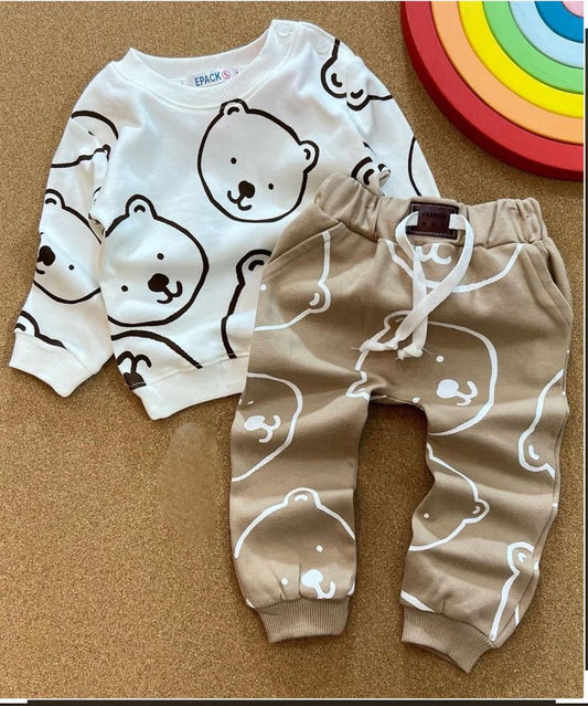 white Cute Bear Printed Sweatshirt with brown Bear trousers Kids track suit