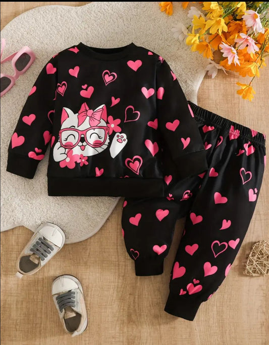 Black Kitty With Pink Hearts Printed Sweatshirt with Matching trouser Kids track suit
