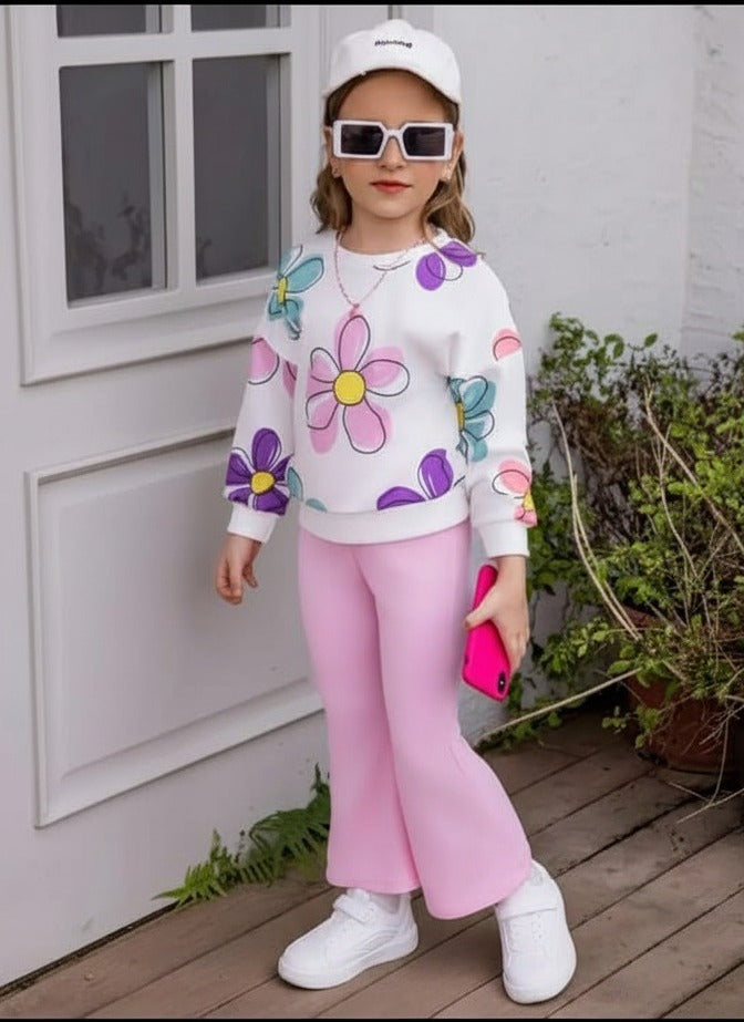 Offwhite Multi Flower Printed Sweatshirt With Baby Pink Fleece Trouser Tracksuit For Kids
