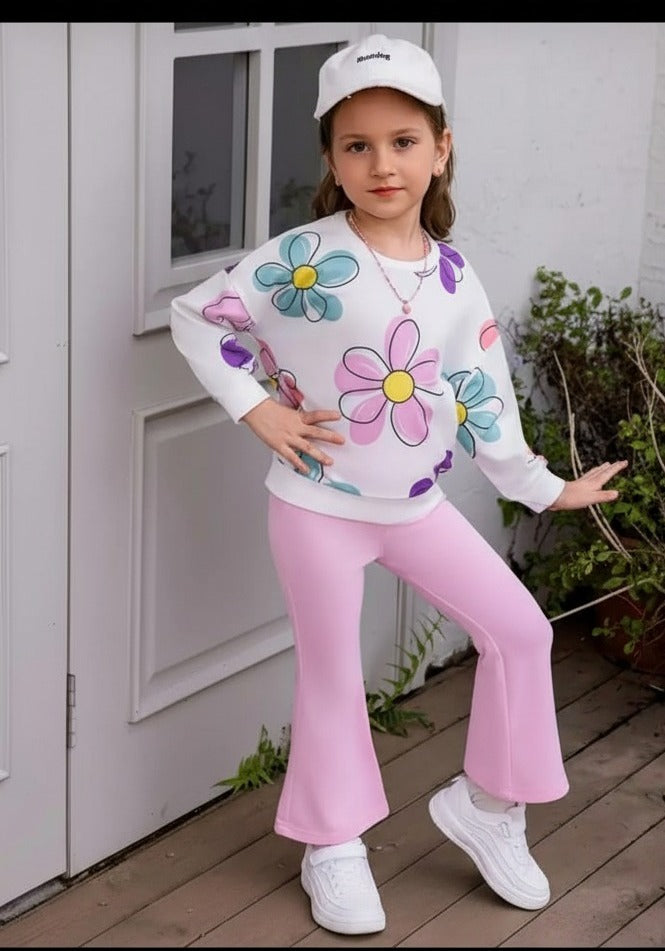 Offwhite Multi Flower Printed Sweatshirt With Baby Pink Fleece Trouser Tracksuit For Kids