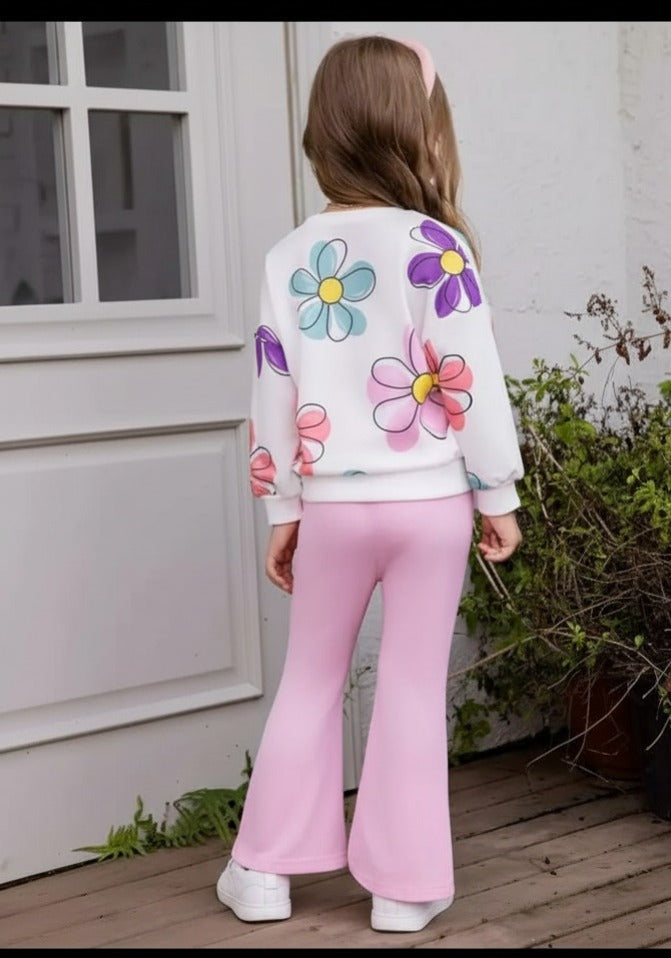 Offwhite Multi Flower Printed Sweatshirt With Baby Pink Fleece Trouser Tracksuit For Kids