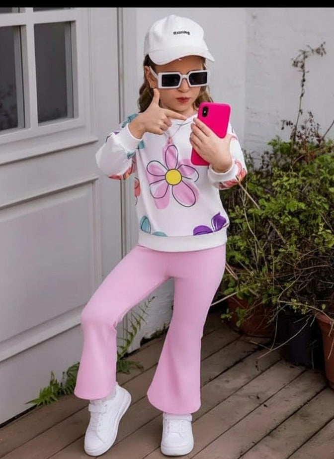 Offwhite Multi Flower Printed Sweatshirt With Baby Pink Fleece Trouser Tracksuit For Kids