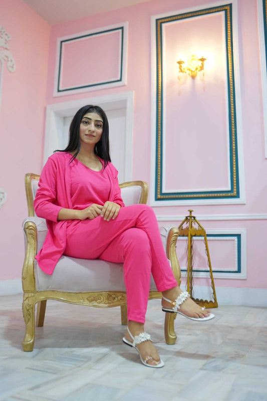 Shocking pink 3 Piece Night suit For Her