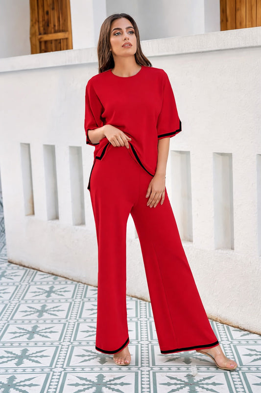 Red plain round neck with quarter cut sleeves black pipen night suit