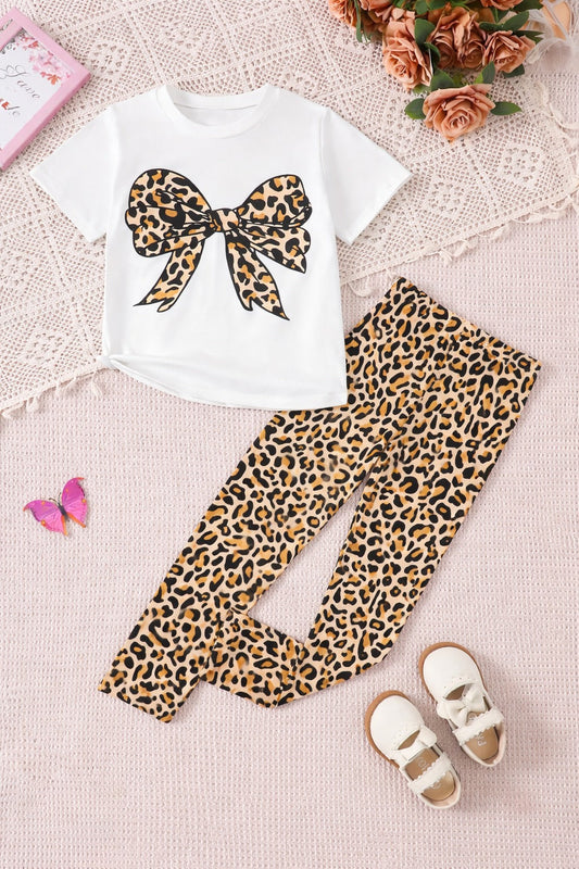 Off white half sleeves Cheeta BOW printed t shirt with cheeta pajama kids suit