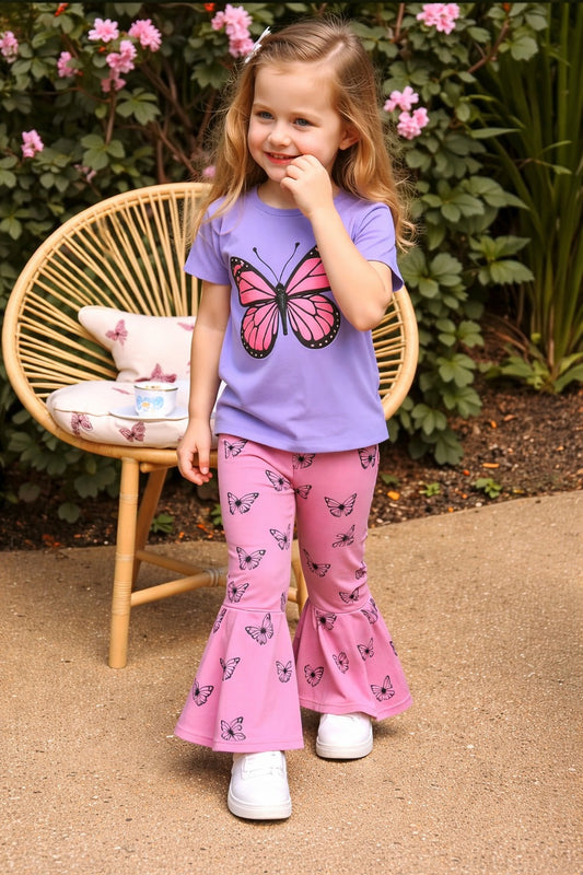 Purple Big butterfly printed half sleeves t shirt with butterfly printed pjs kids suit