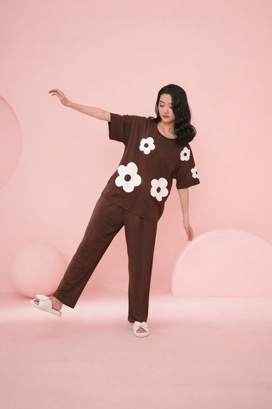 (NEW ) Brown All over BIG White flower night suit For her
