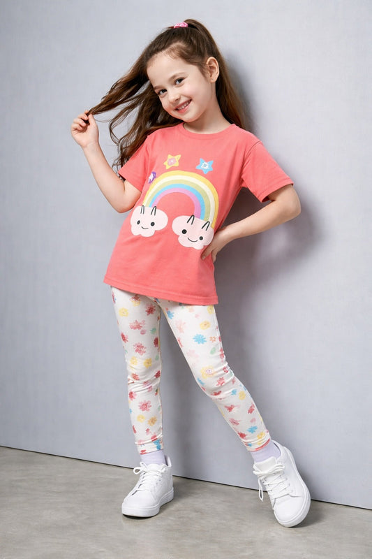 (NEW) pink rainbow t shirt with multi STARS printed pajama kids night suit