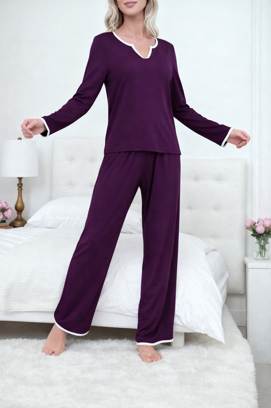 Dark purple With White pipen V neck night suit For Her