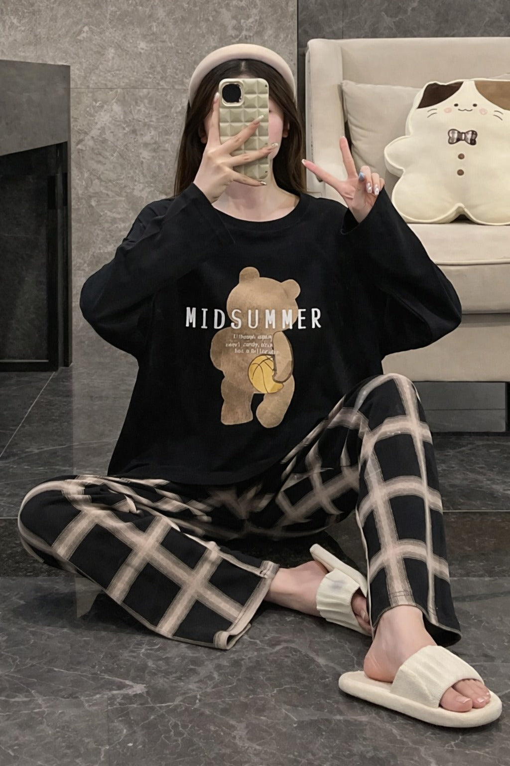 Black Mid Summers Printed with checkered trouser Night suit