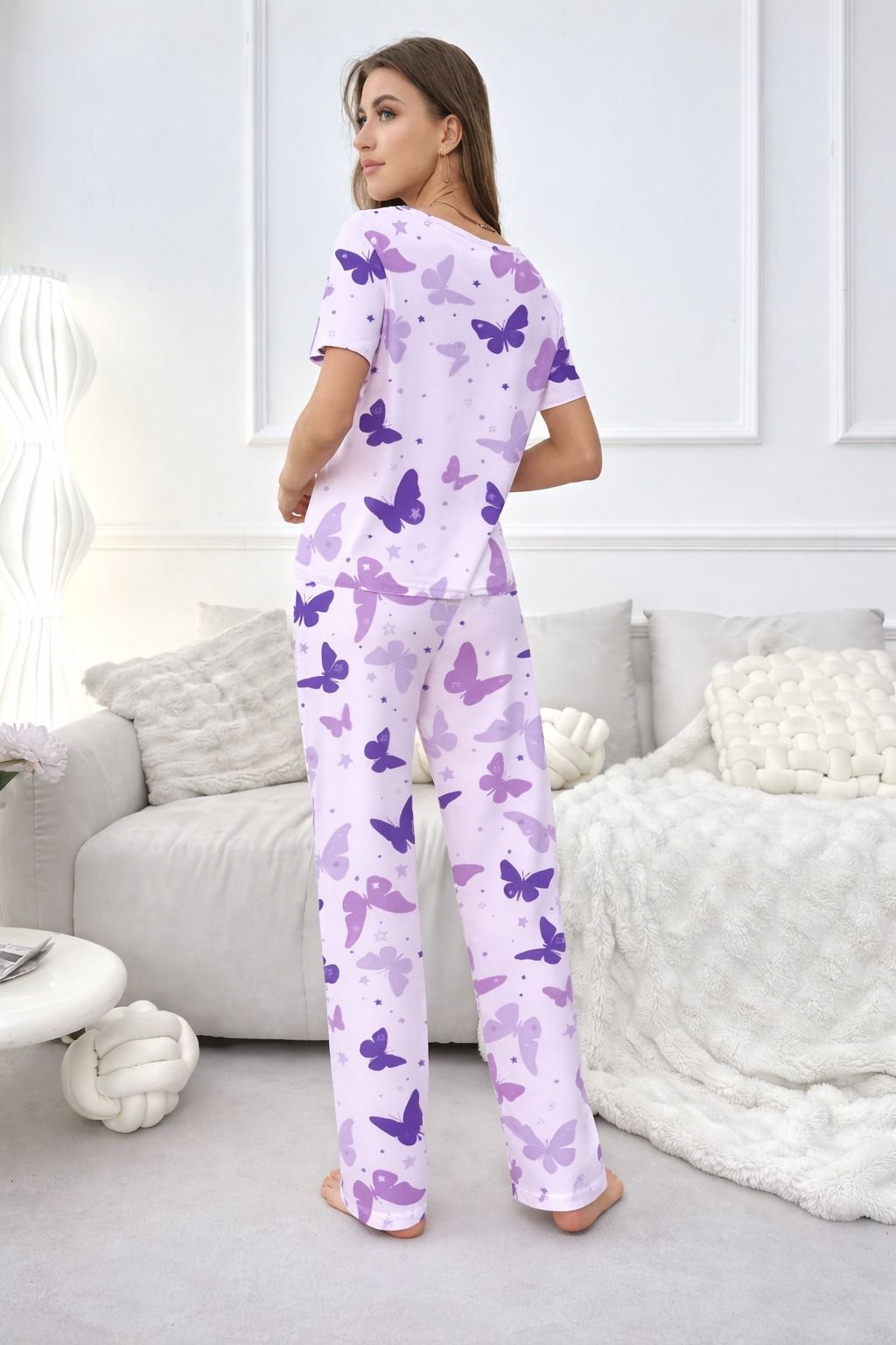 Purple All Over Butterflies Printed half sleeves night suit for her