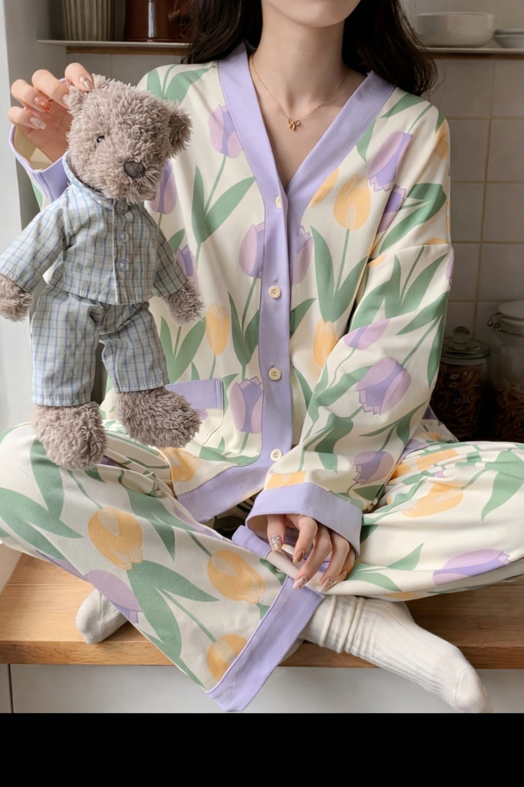 White with Flowers printed Front button Style night suit For her