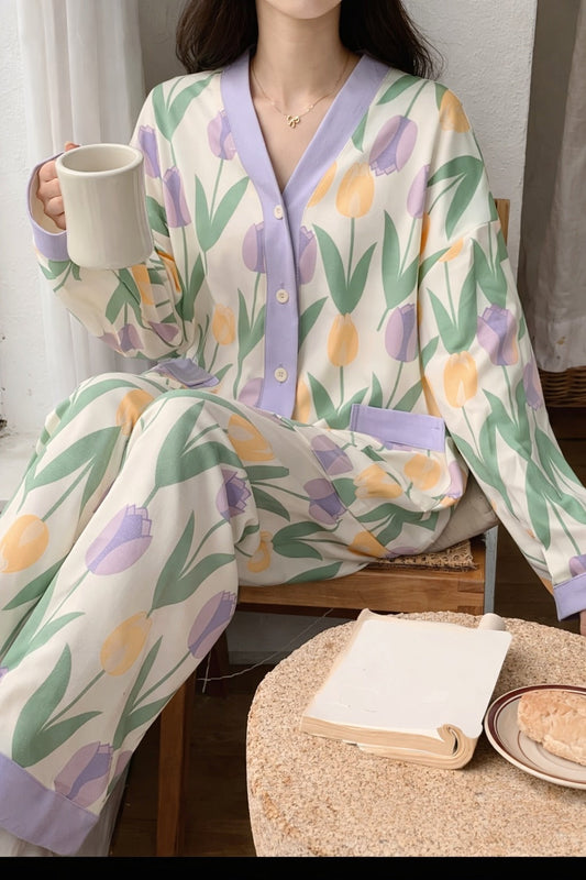 White with Flowers printed Front button Style night suit For her