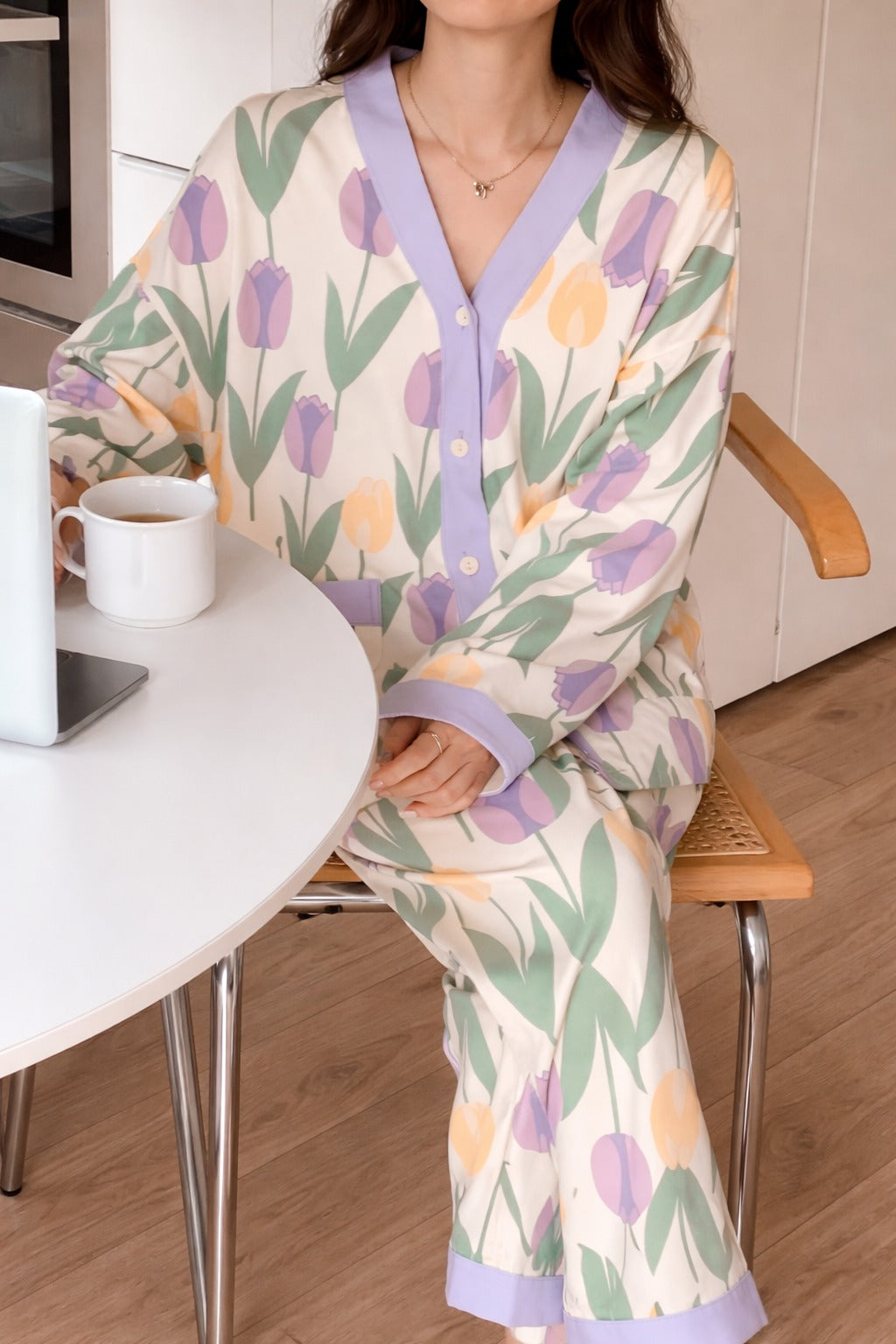 White with Flowers printed Front button Style night suit For her