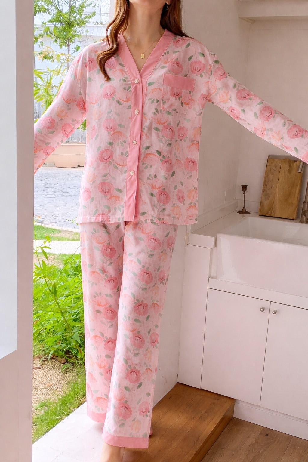 Pink Flowers printed Front button Style night suit For her