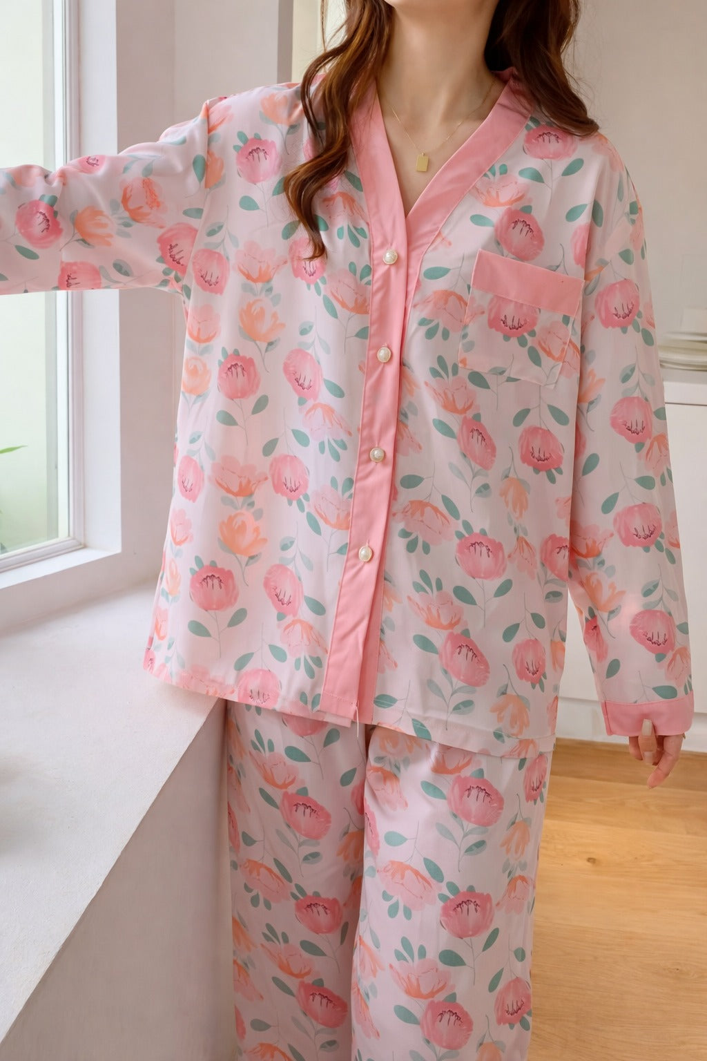 Pink Flowers printed Front button Style night suit For her