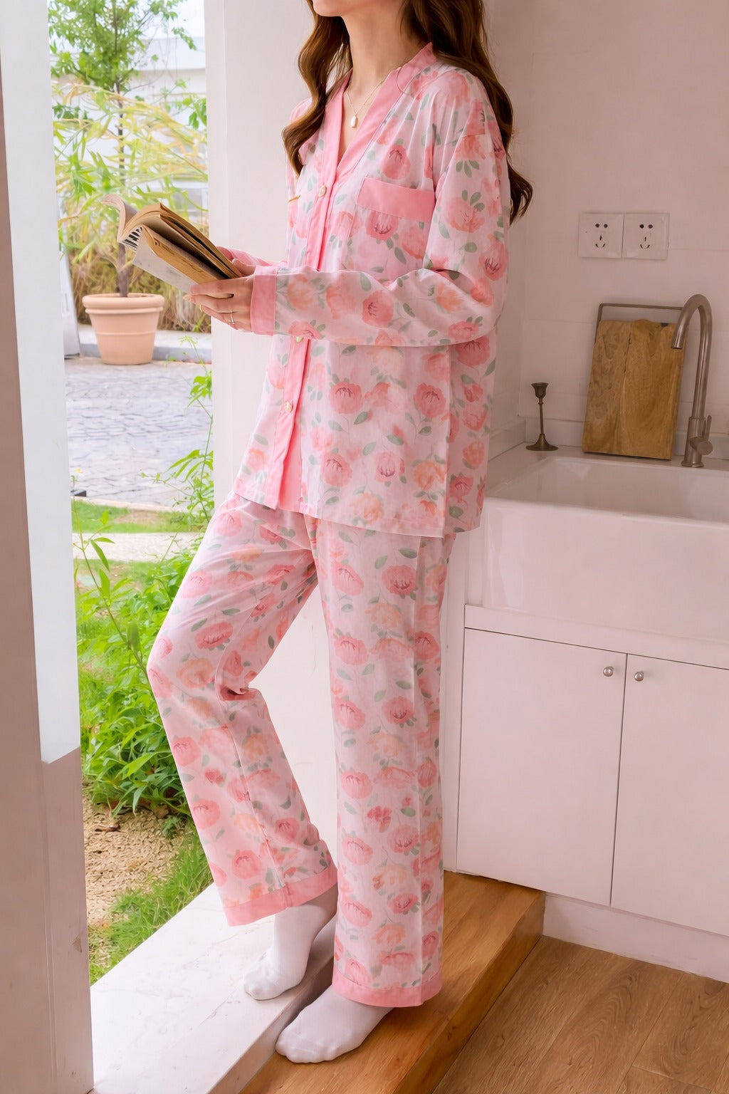 Pink Flowers printed Front button Style night suit For her