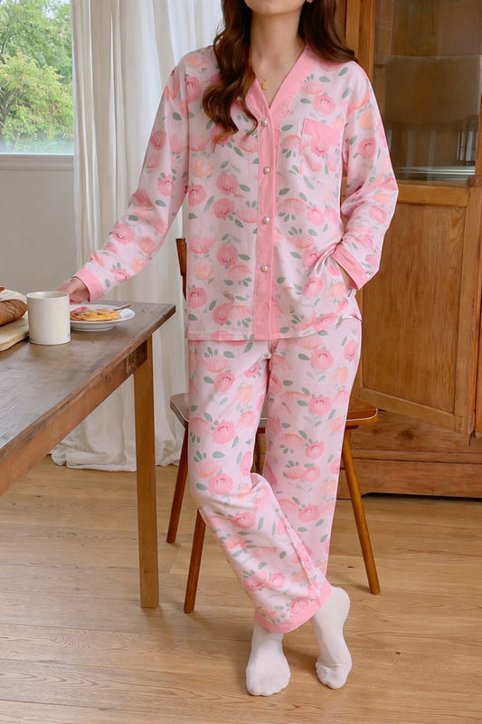 Pink Flowers printed Front button Style night suit For her