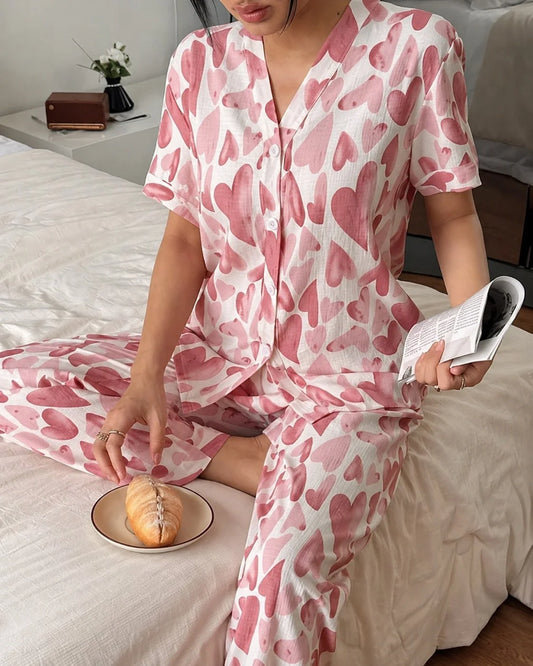 Rose Pink All over Big Hearts Button style night suit For her