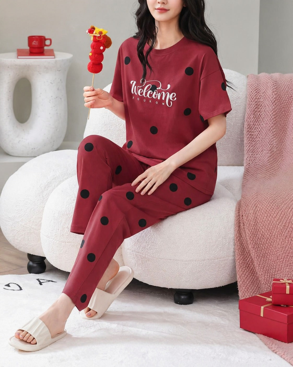 Red Welcome Print Black dotted printed night suit For her