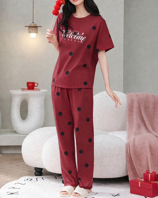 Red Welcome Print Black dotted printed night suit For her