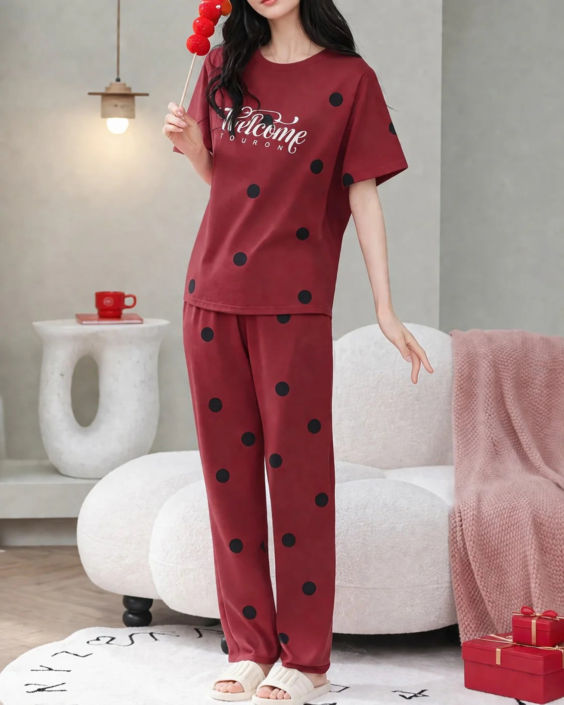 Red Welcome Print Black dotted printed night suit For her
