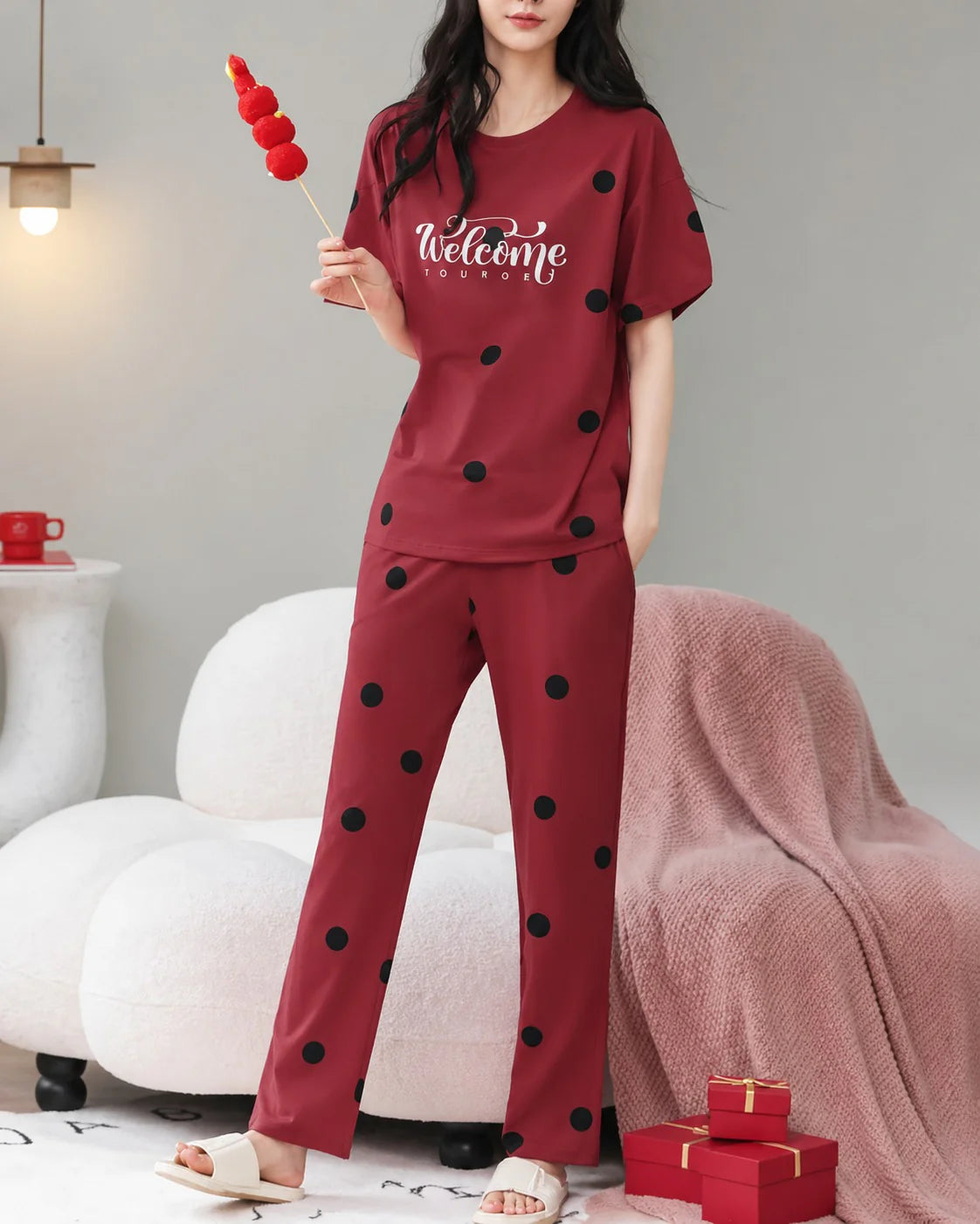 Red Welcome Print Black dotted printed night suit For her