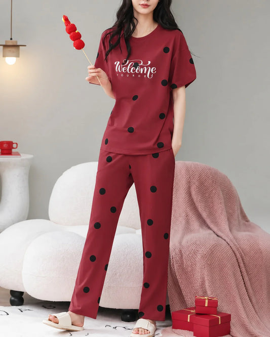Red Welcome Print Black dotted printed night suit For her