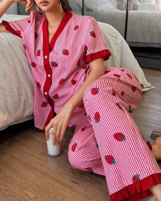 Pink All over Strawberry with pink lining style button Night suit For her .