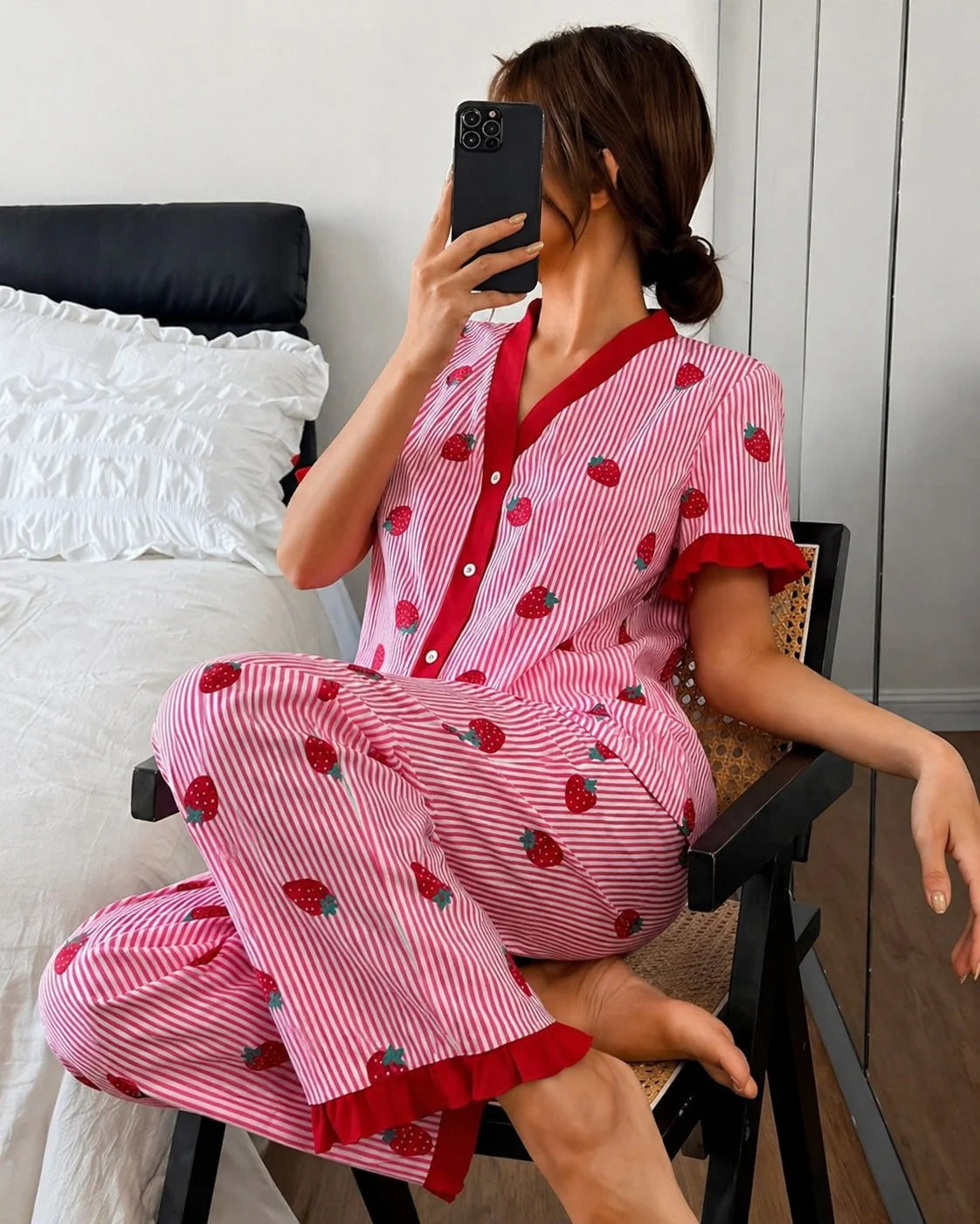 Pink All over Strawberry with pink lining style button Night suit For her .