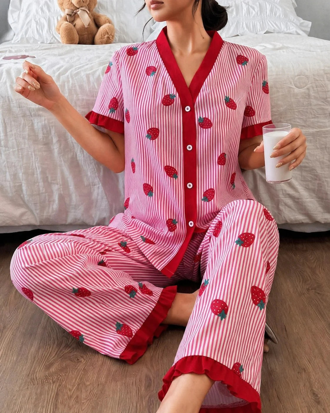 Pink All over Strawberry with pink lining style button Night suit For her .