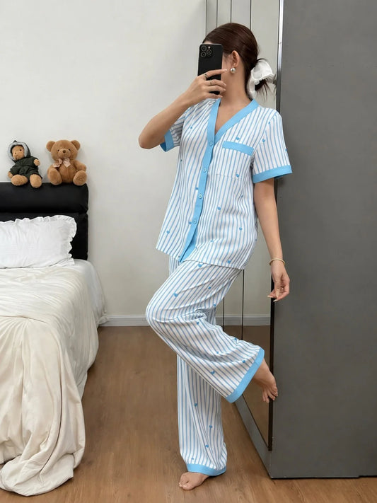 Sky blue All over hearts with Sky blue lining style button Night suit For her