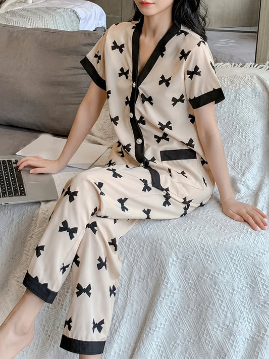 White With Black Bow Printed Button Style Night Suit For Her