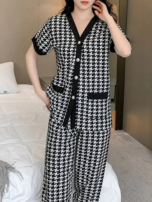Black And White Small Check Printed Half Sleeves Button Style Night Suit For Her