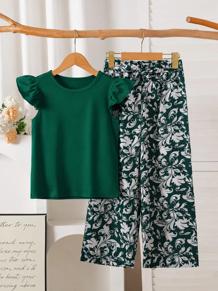 Plain Green T-shirt With Floral Printed Trouser Kid Suit