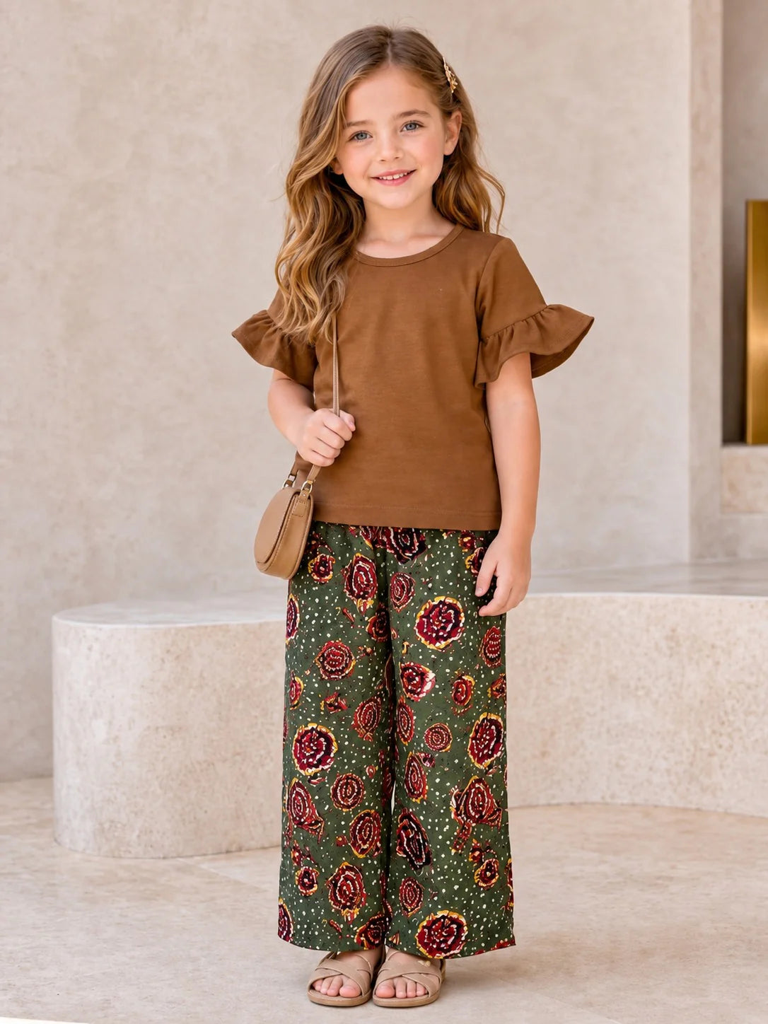 Plain Brown T-shirt With Green Flowers Printed Touser Kid Suit