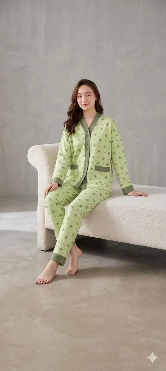 Green All Over Hearts Printed Button Style Night Suit For Her