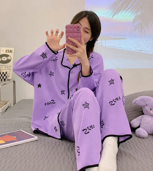 Purple All over Stars Printed button style Night Suit