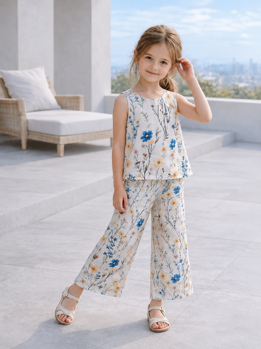 White Flowers Printed Sleeveless Kids Suit