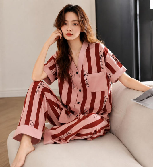 Women Pink with Red Striped Printed Front Button Style For Her