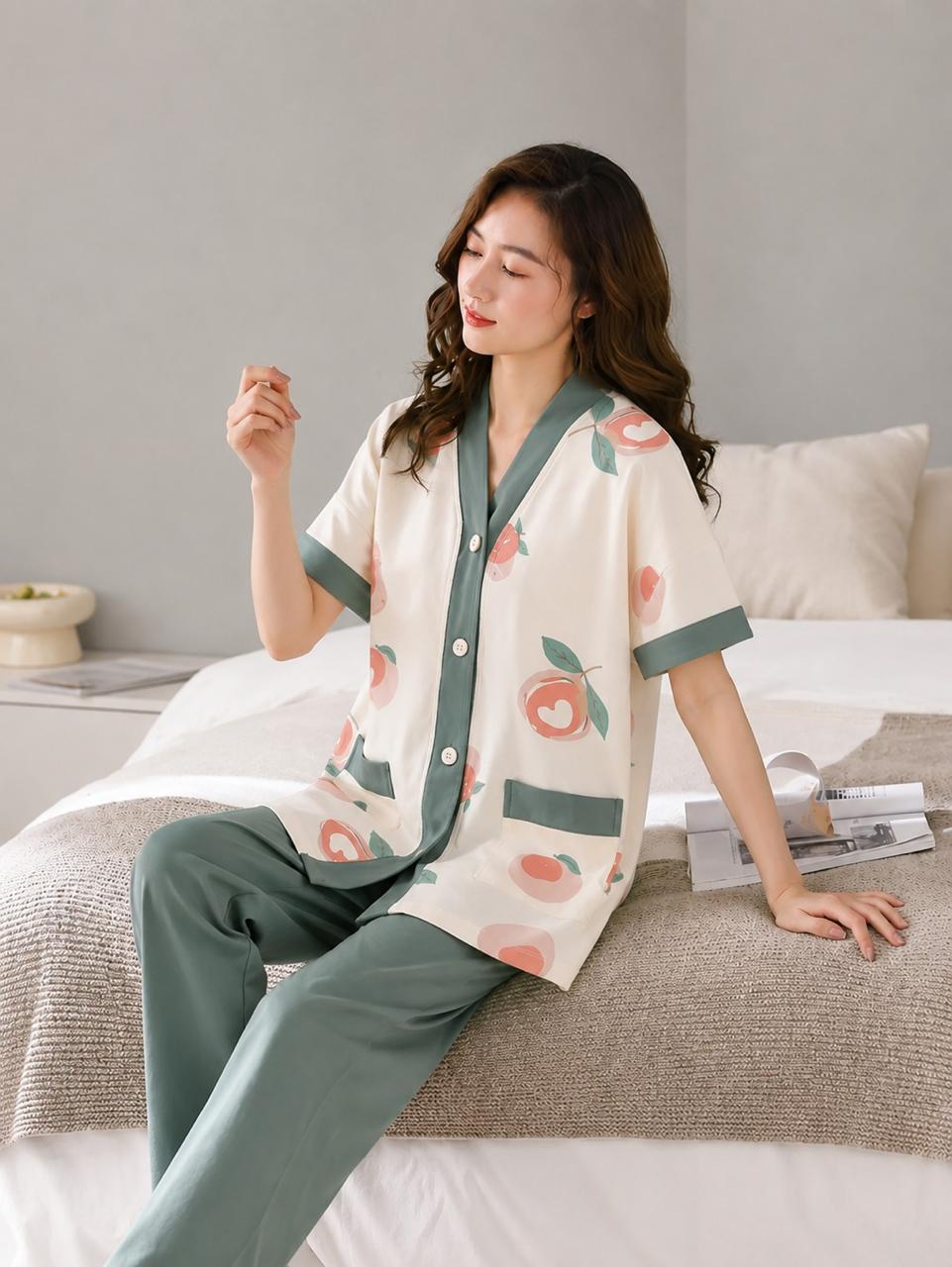 Peach Green Pajamas Sets Women Long Sleeves Long Pants Front Button Style For Her