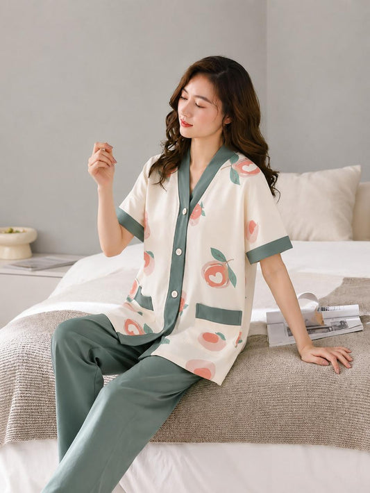 Peach Green Pajamas Sets Women Long Sleeves Long Pants Front Button Style For Her